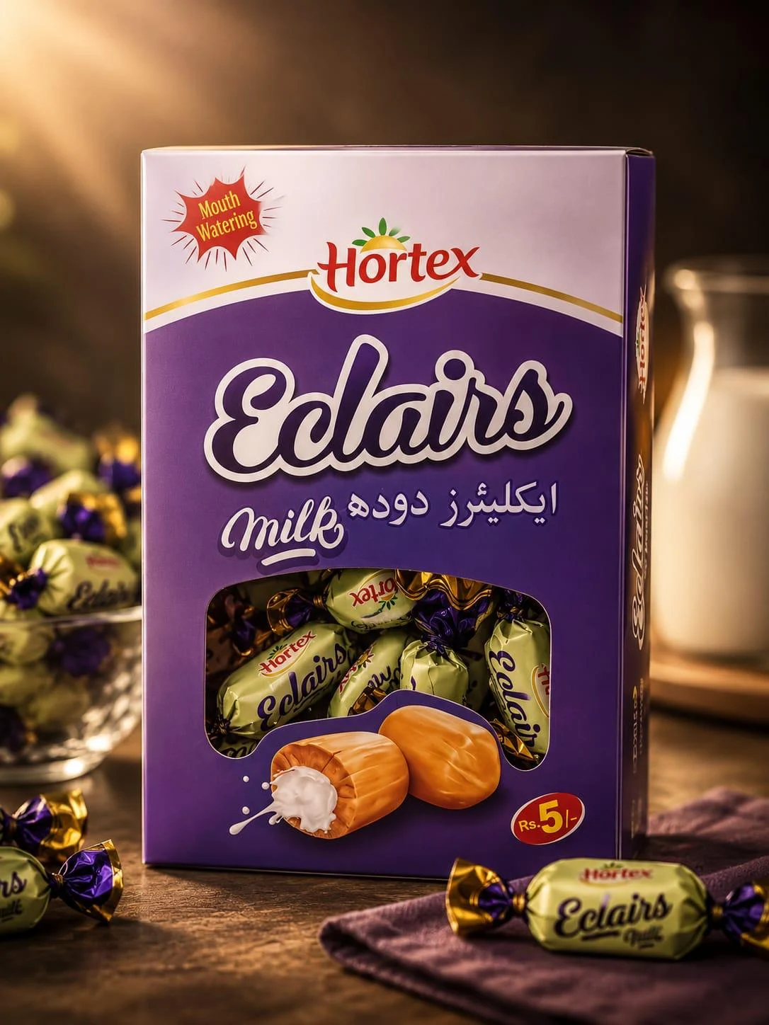Hortex Eclairs Milk toffee box and wrapped sweets